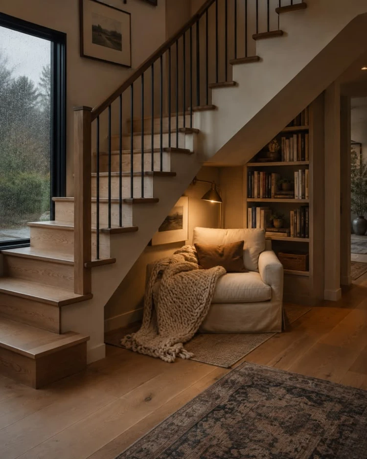 Cozy under-stair reading nook with a cream armchair, chunky knit throw blanket, a small built-in bookshelf, a warm reading lamp, and a rainy window view beside a wood staircase.