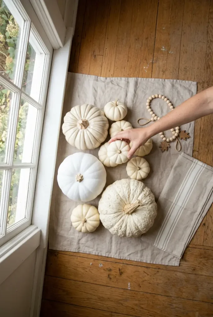 Cream and white pumpkins laid out on linen for a minimalist fall mantle decor setup
