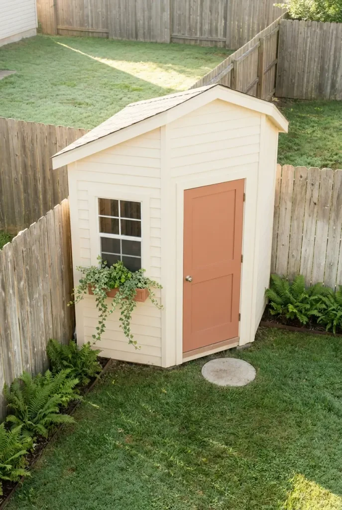 Cream corner she shed with a diagonal door filling the back corner of a small fenced yard