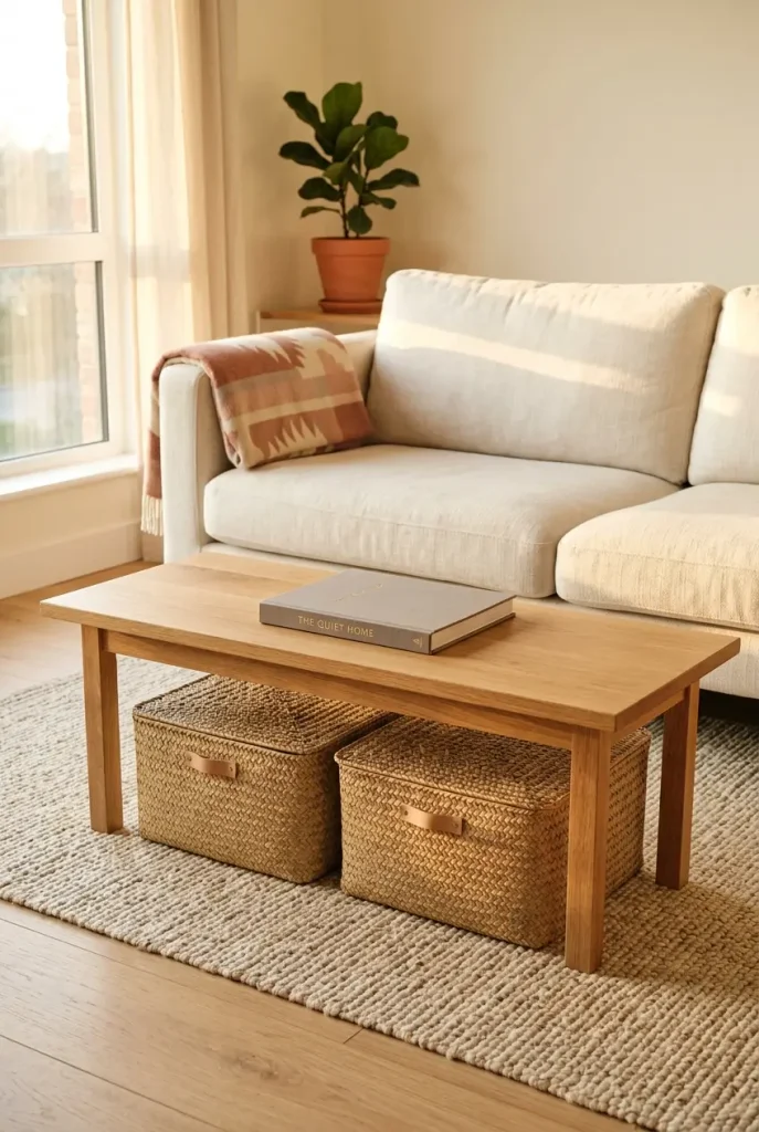 DIY coffee table with woven storage baskets underneath in a small living room.