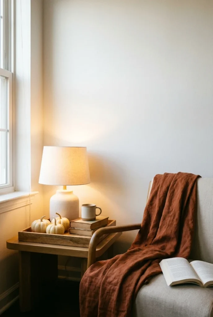 DIY fall decor in a small apartment corner with lamp, tray of pumpkins and linen throw.