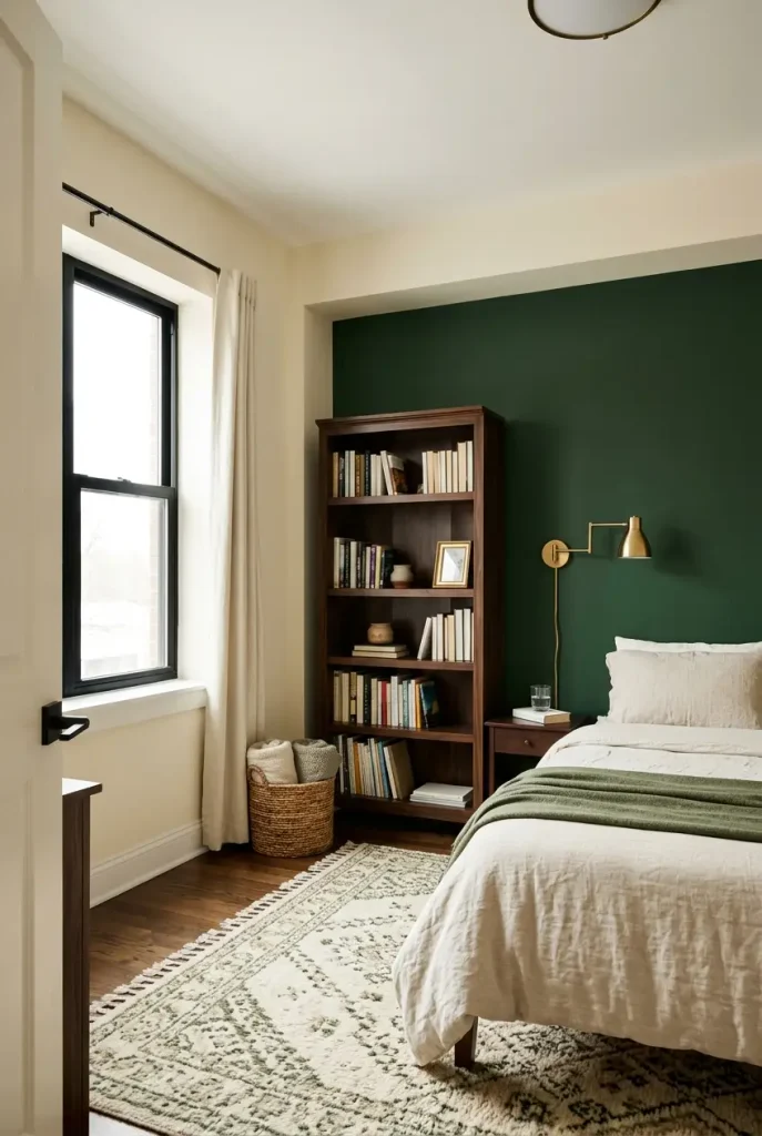 Dark academia library accent wall in forest green behind a wood bookcase in a small cream bedroom