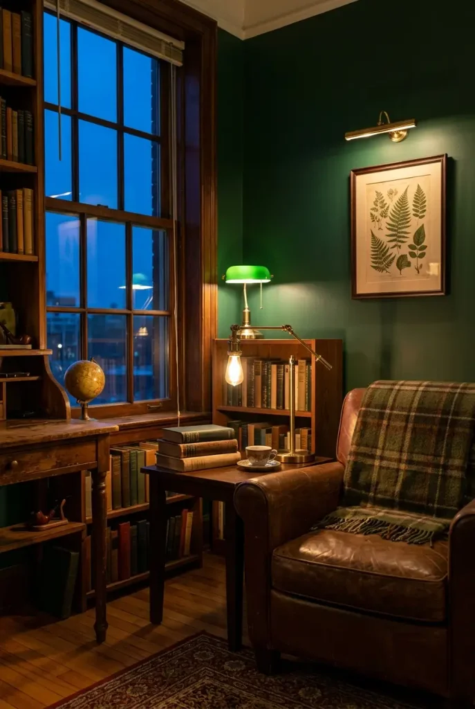 Dark academia library corner at dusk glowing with three warm 2700K lamps against deep green walls