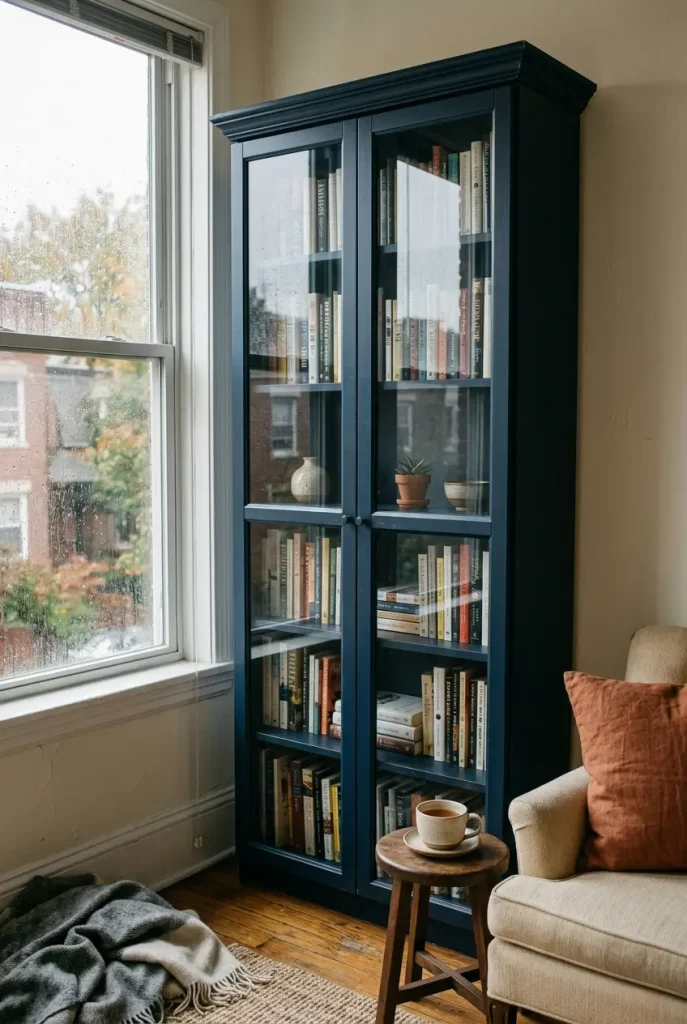 Dark blue glass-door bookcase by a rainy window in a small home library reading nook