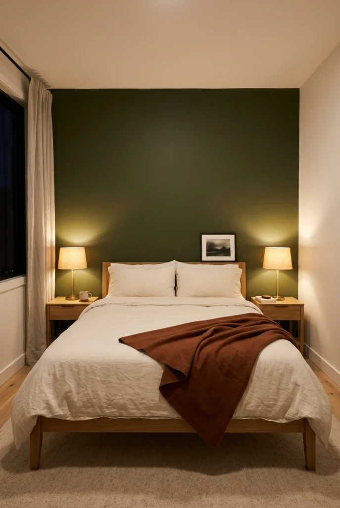 Dark olive headboard wall in a small bedroom for couples at night