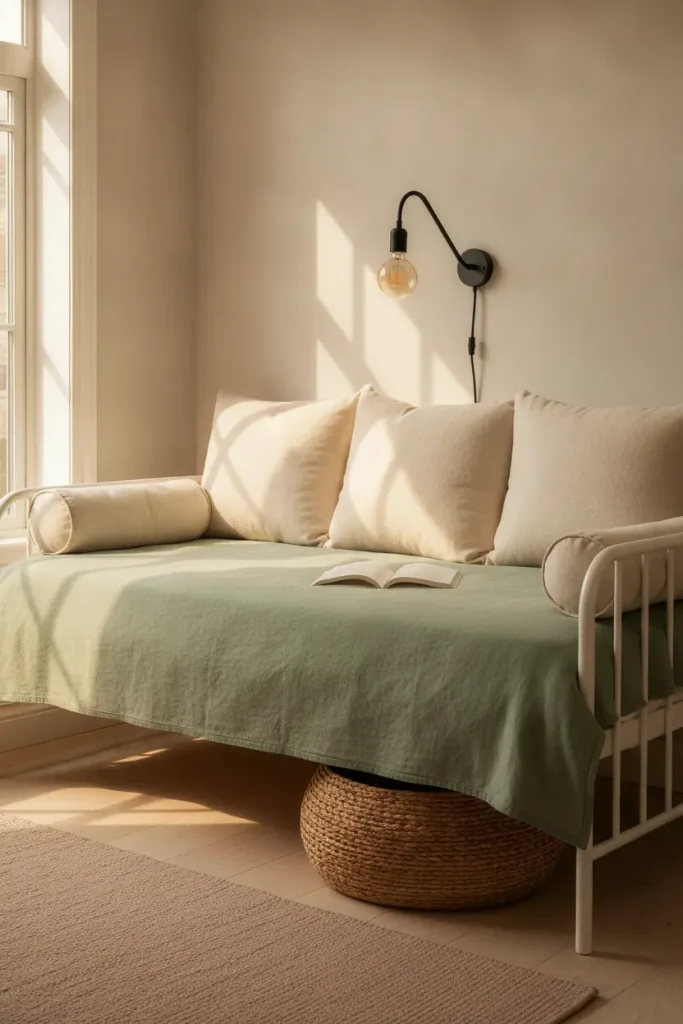 Daybed styled as a sofa with Euro shams, bolsters, and a sage coverlet in a small room