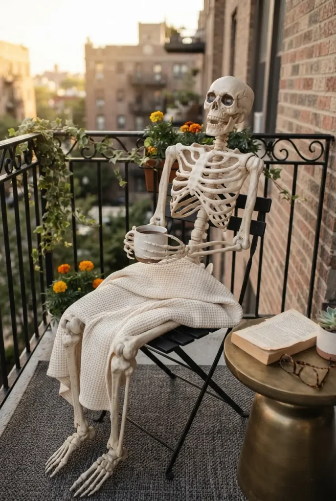 Decorative skeleton seated in a chair as balcony Halloween decor