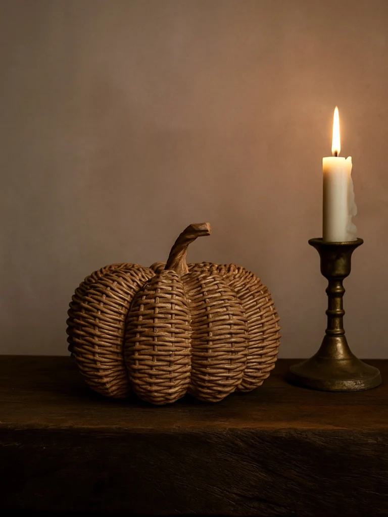 Decorative woven rattan pumpkin beside a lit white candle in a brass candlestick on a dark wood surface against a warm beige wall.
