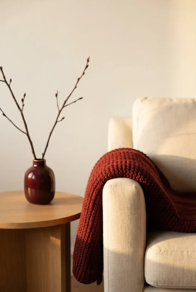 Deep red throw and burgundy vase bringing fall color to a small rental room.