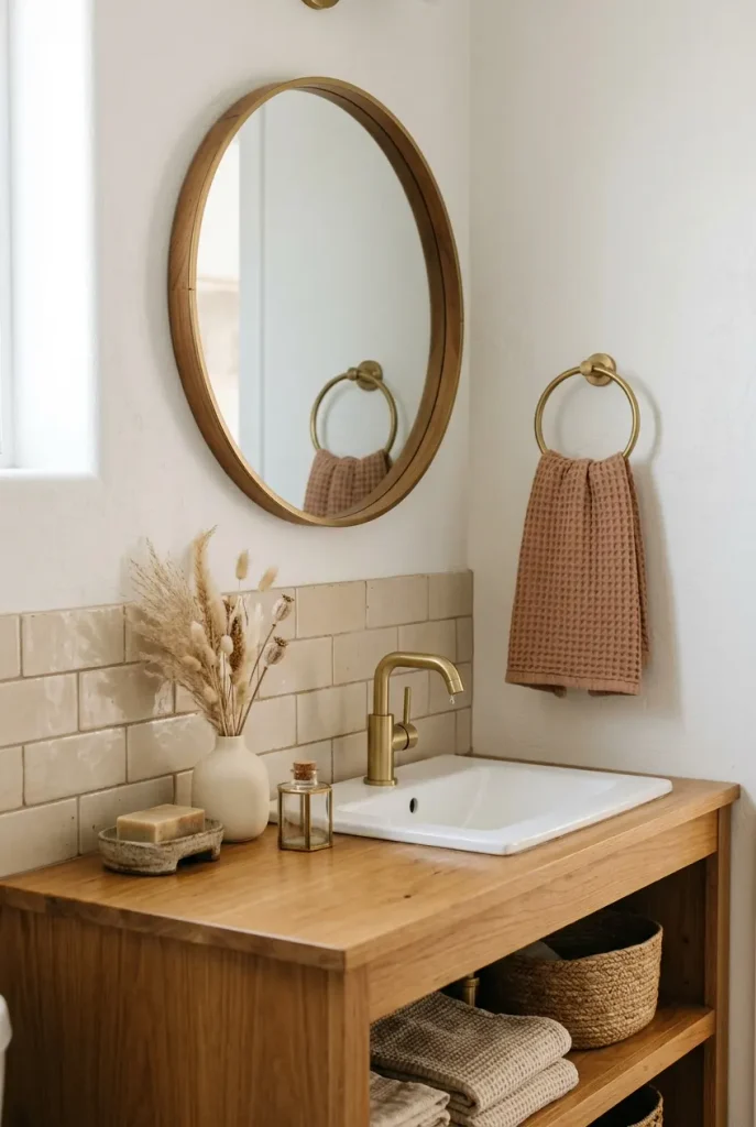Desert neutral boho bathroom color scheme with warm white walls, clay towel, and brass faucet
