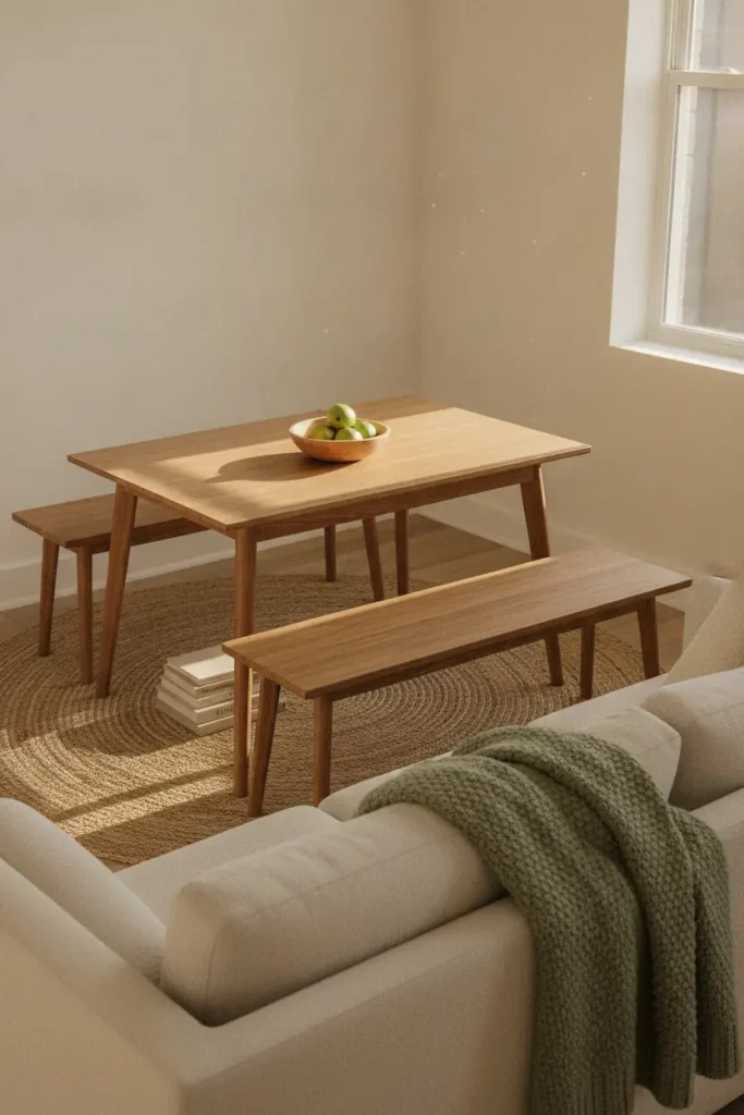 Dining nook in a living room zoned by a jute rug and the back of a sofa