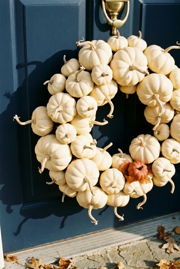 Dollar Tree fall wreath of cream painted mini pumpkins on a navy front door
