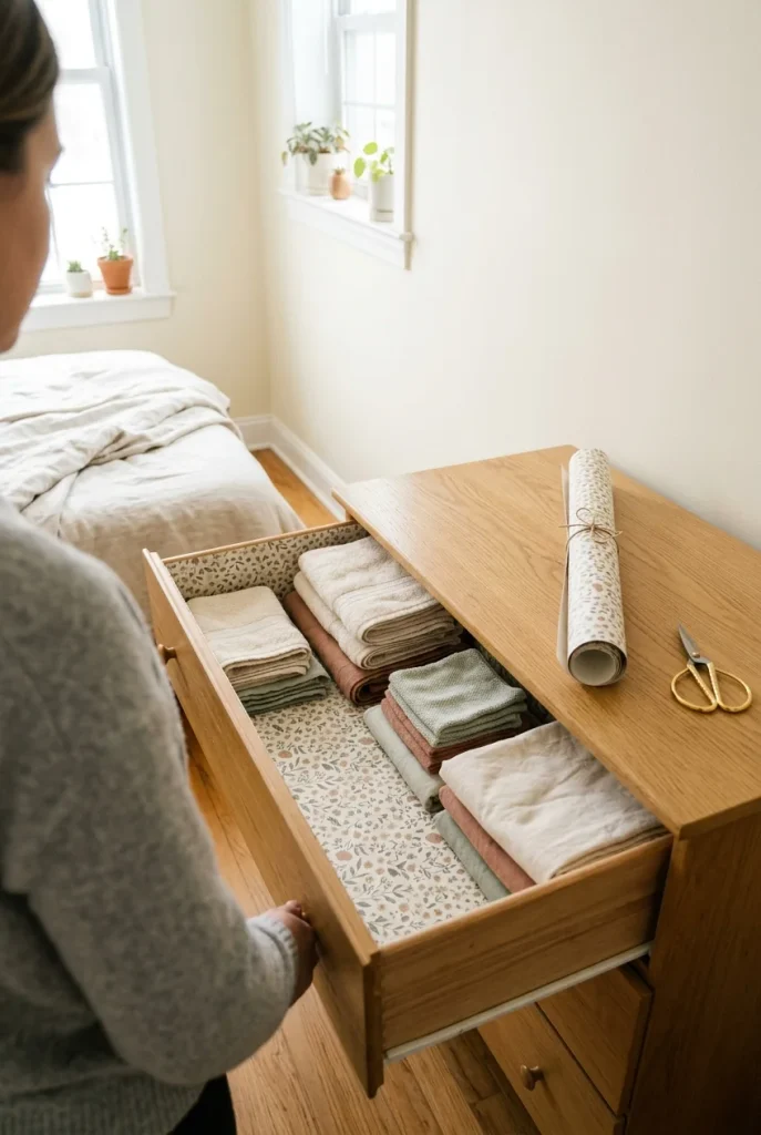 Dresser drawer lined with floral peel and stick paper, linens folded inside