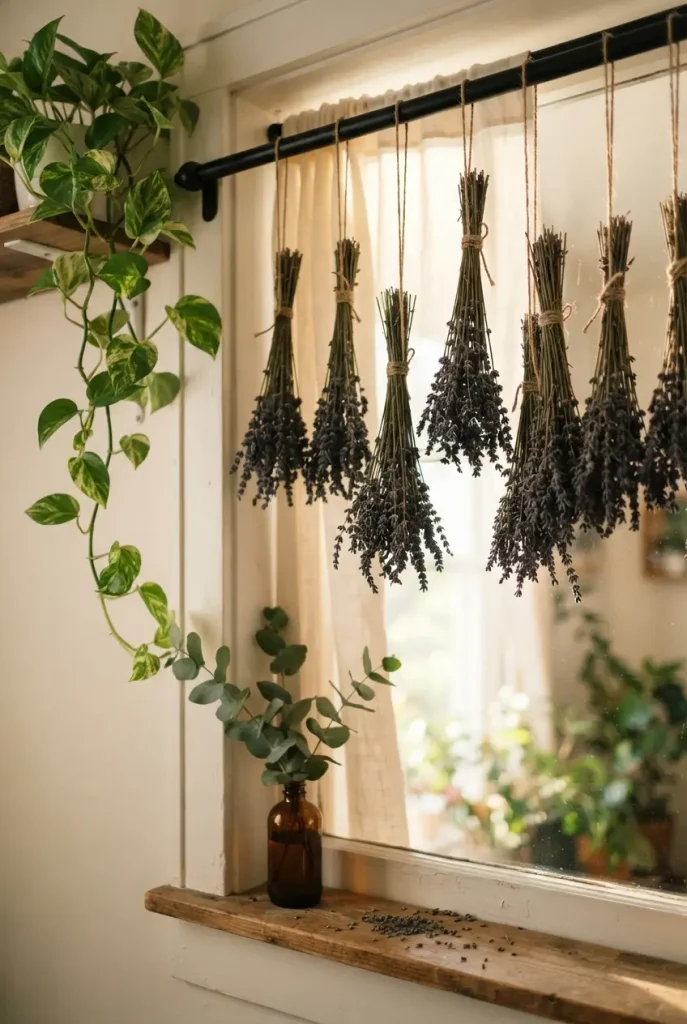 Dried lavender bundles hanging from a curtain rod with trailing pothos in a whimsigoth bedroom