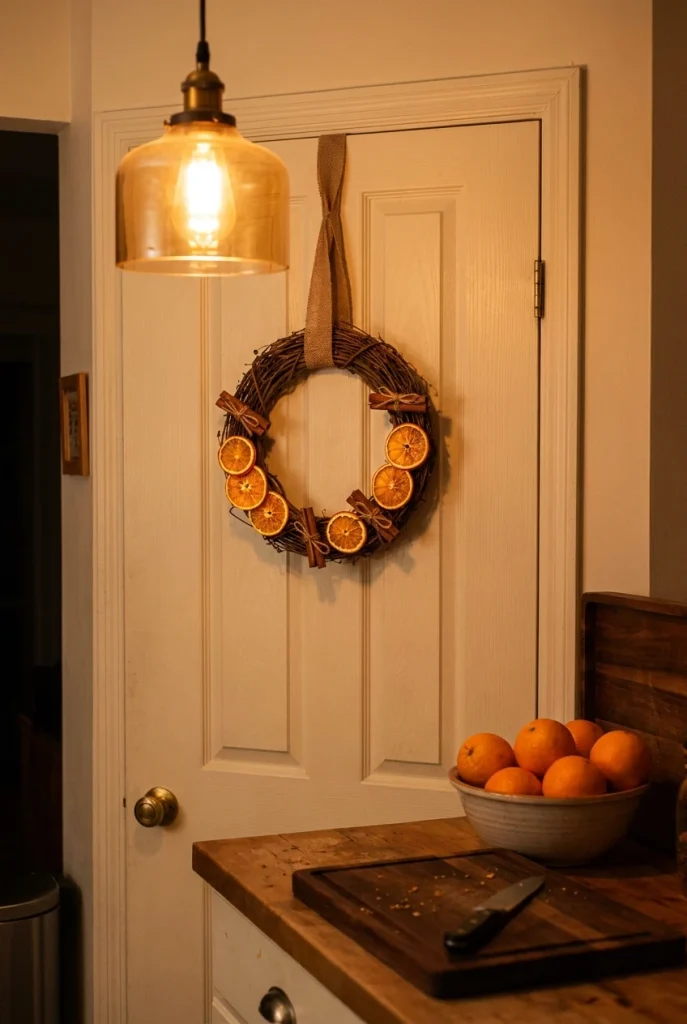Dried orange slice and cinnamon stick wreath hanging on a cream kitchen pantry door