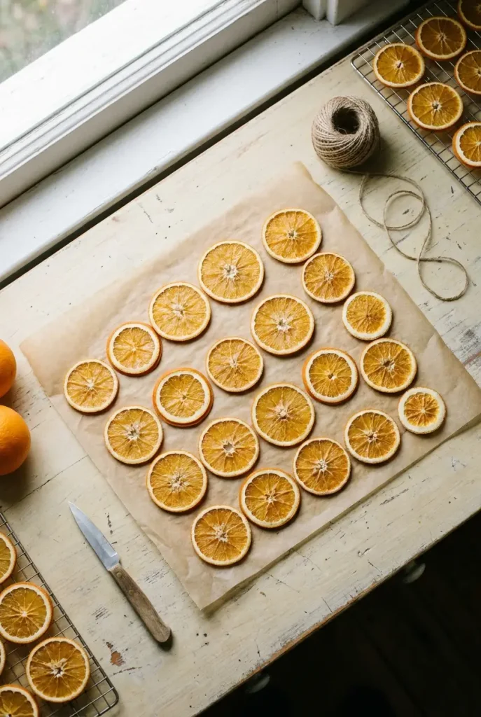 Dried orange slices on parchment being prepared for a fall garland.