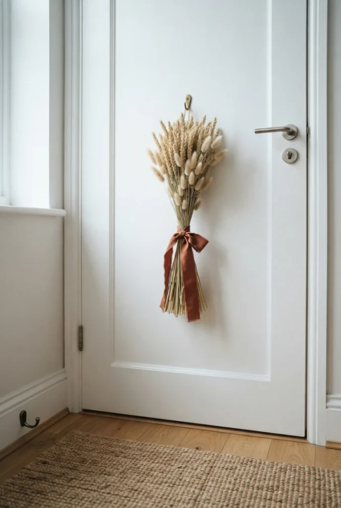 Dried wheat bundle tied with ribbon hanging on a small apartment door.