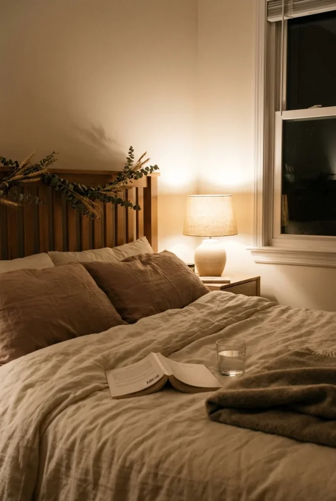 Dried wheat fall garland woven through a slatted headboard in a small bedroom.
