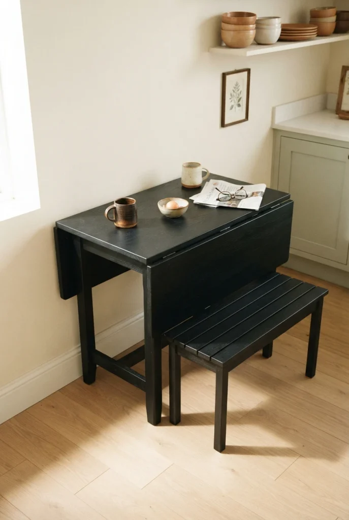 Drop-leaf breakfast nook table folded down against a small kitchen wall.