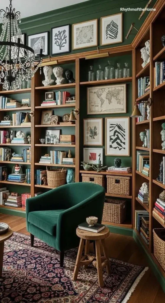 Eclectic dark green library with wraparound wood bookshelves displaying books, busts, glass bottles, and framed art, a crystal chandelier, a green velvet armchair, a small wooden stool, and a patterned Persian-style rug.