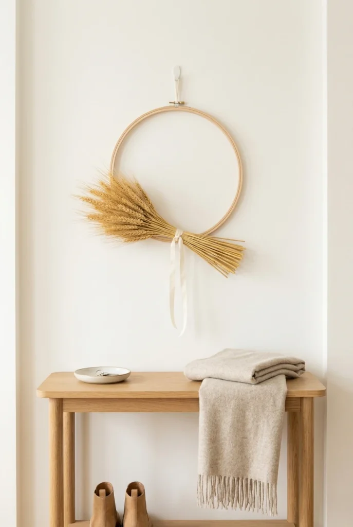 Embroidery hoop fall wreath with dried wheat above a small apartment entry console