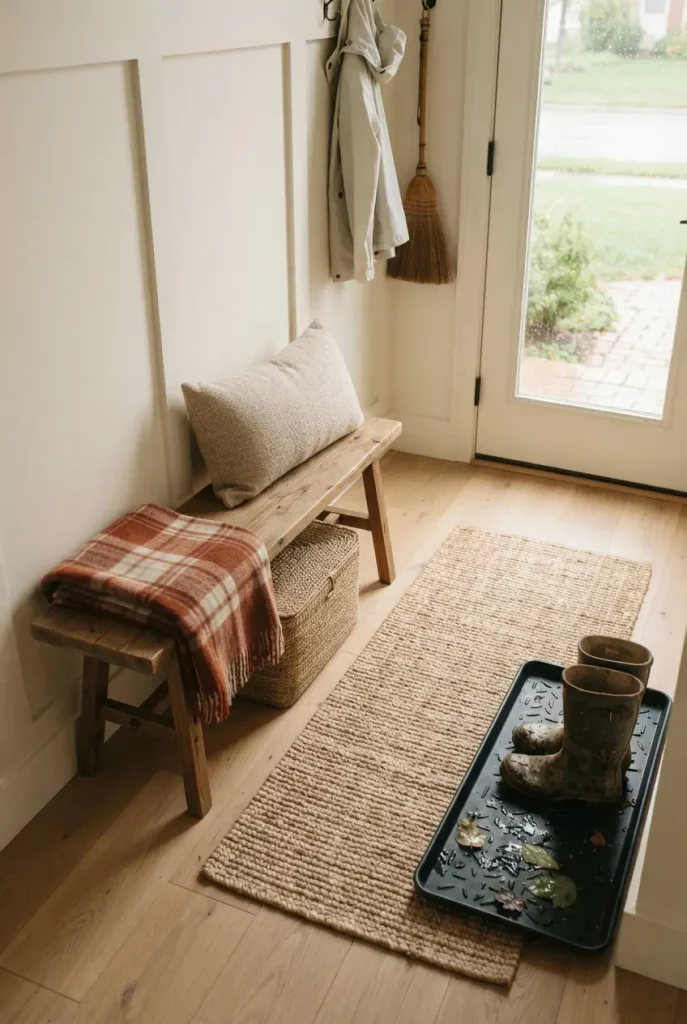 Entry bench with a plaid throw, basket, and jute runner layered for fall with a boot tray by the door