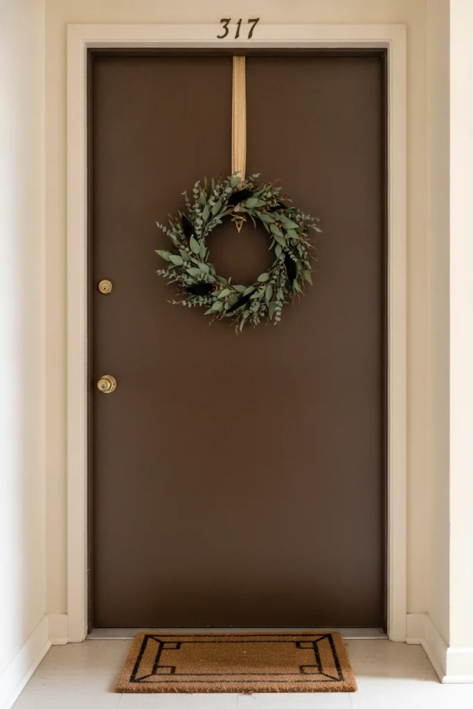 Eucalyptus wreath hung on ribbon over an apartment door with no drill halloween decor.