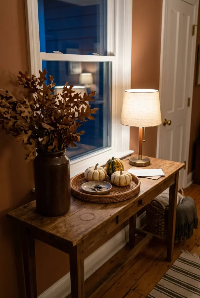 Fall entryway table decor styled in three heights with dried branches, a warm lamp, and pumpkins on a tray
