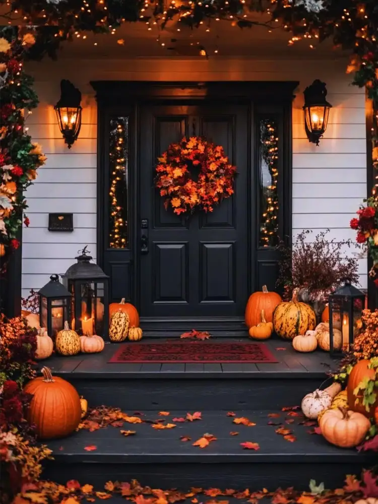 Fall front porch with a black door and matching lanterns, a maple leaf wreath, string lights, black lantern candles, an array of orange and warty pumpkins, and scattered autumn leaves on dark wood steps.