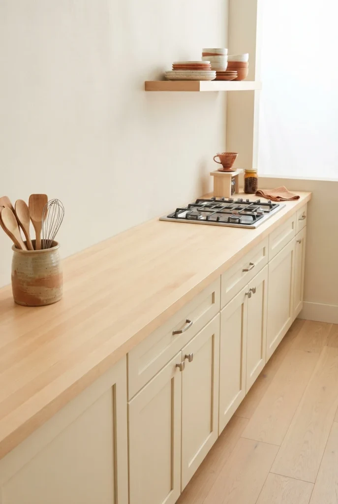 Fall kitchen counter decor grouped at one end with the cooking zone left clear