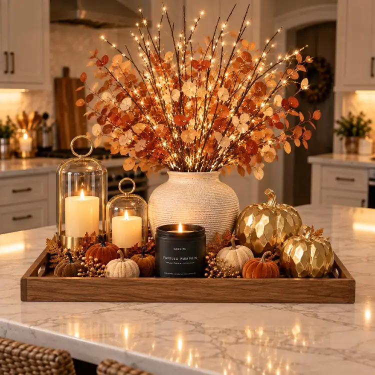 Fall kitchen island centerpiece on a wooden tray with a textured white vase of lit twig branches and rust eucalyptus, brass lanterns with pillar candles, a black Vanilla Pumpkin candle, and gold and velvet pumpkins.