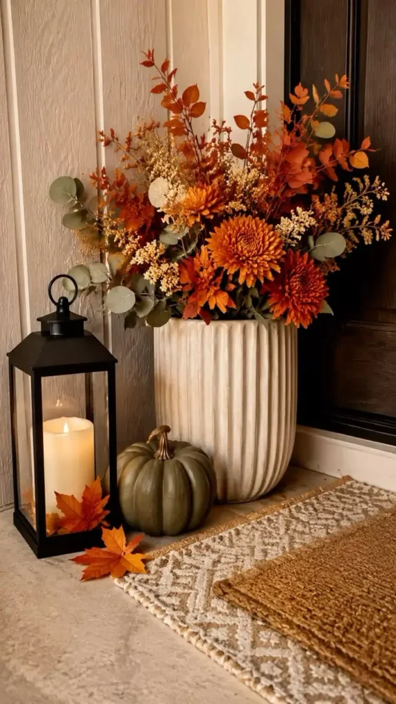 Fall porch corner with a fluted cream planter