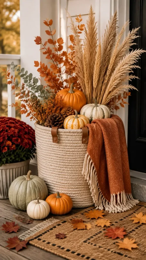 Fall porch display with a woven rope basket filled with pumpkins, pinecones, autumn leaves, and pampas grass, a rust-colored fringed throw, small pumpkins on a jute doormat, and burgundy mums nearby.