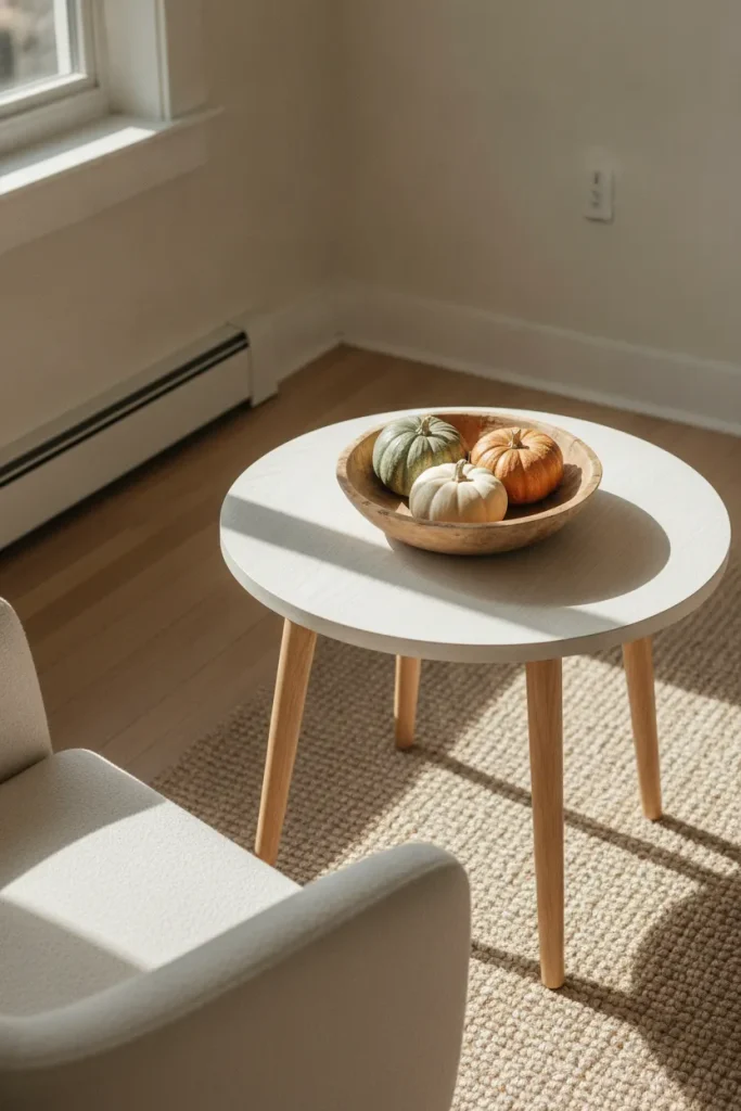Fall round coffee table decor with one wooden bowl of heirloom pumpkins in a narrow living room