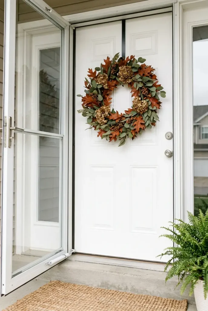 Fall wreath for front door on an over-the-door hanger beside an open storm door
