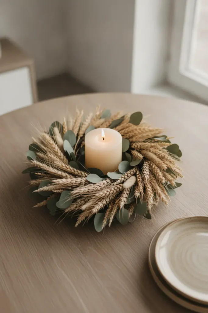 Fall wreath laid flat as a centerpiece with a pillar candle in the middle.