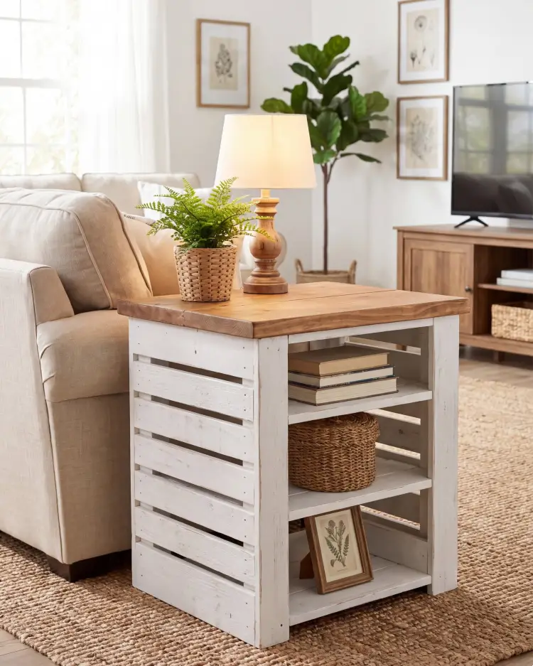 Farmhouse-style whitewashed wood side table with open shelving holding books, a woven basket, and framed botanical art, topped with a wooden lamp and a potted fern, next to a beige sofa and fiddle leaf fig. Small Space Ideas