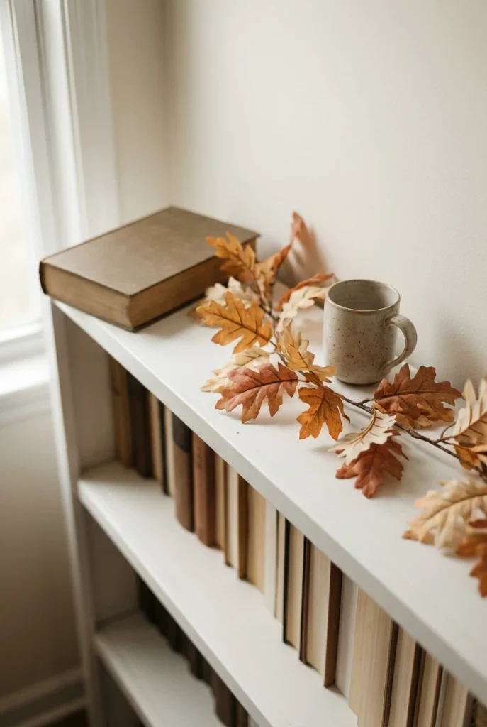 Faux leaf fall garland draped along the top edge of a white bookcase in a rental.