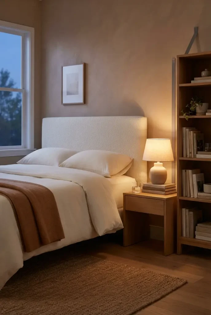 Finished small bedroom with DIY headboard, warm lamps and an anchored bookshelf.