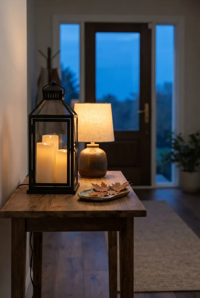 Flameless candles in a lantern and a warm lamp lighting fall entryway decor at dusk
