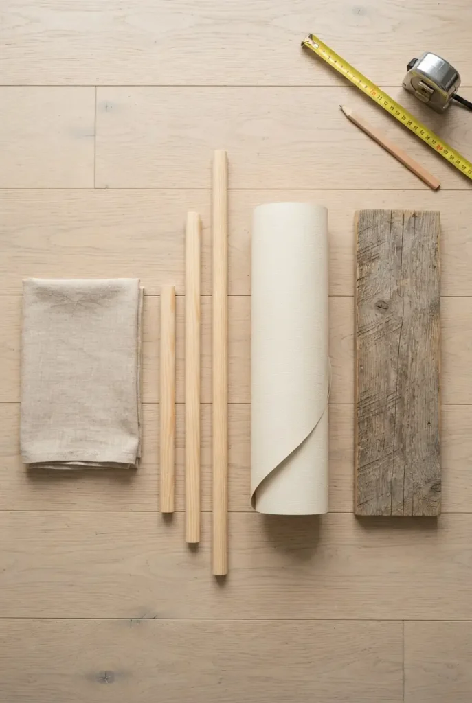 Flat lay of DIY headboard materials: linen, wood dowels, wallpaper, salvaged wood.