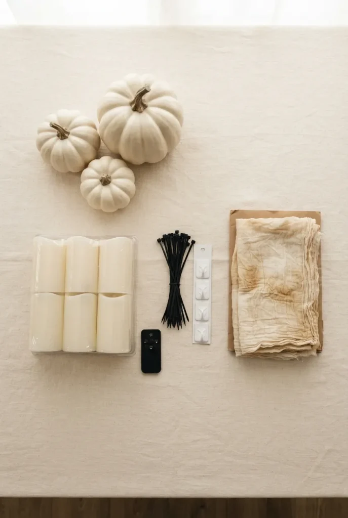 Flat lay of a budget balcony Halloween decor haul with LED candles and faux pumpkins