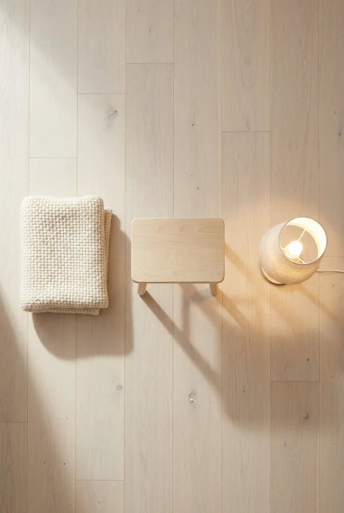 Flat lay of a wool throw, birch stool and warm lamp, the three-piece Scandinavian base.