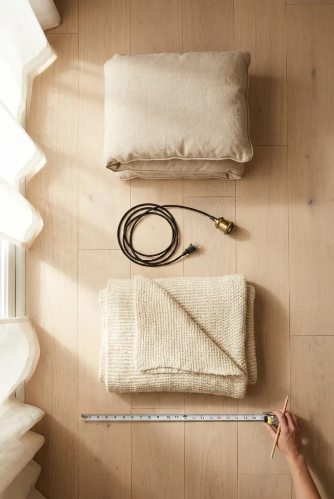 Flat lay of reading nook pieces with a tape measure showing 34 inches of floor depth.