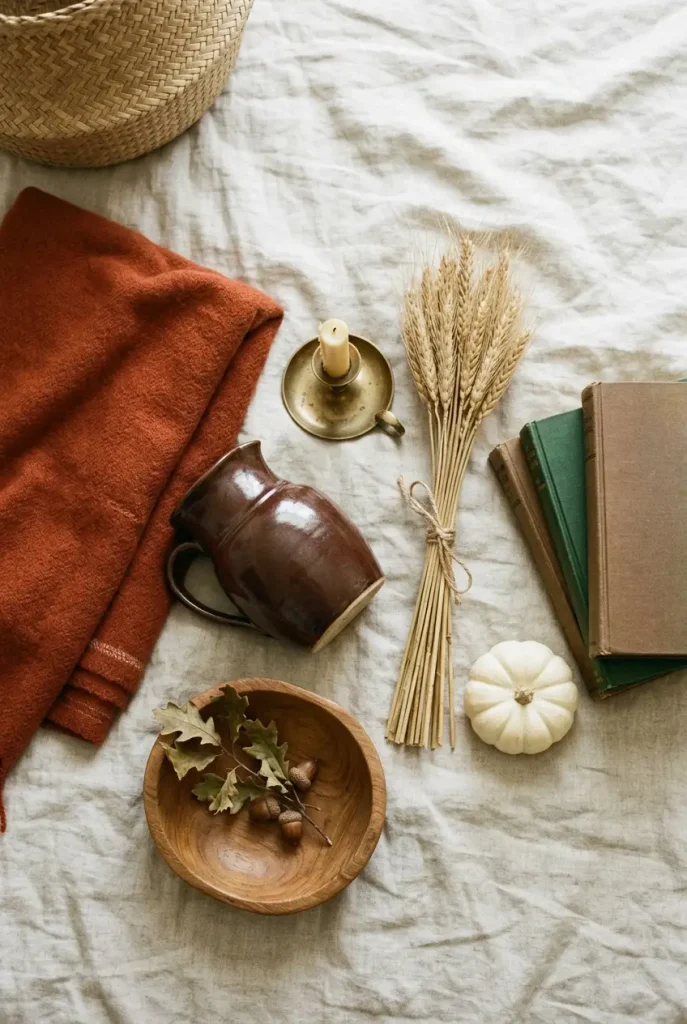 Flat lay of rust, brown, green, and cream home items gathered as a fall entryway ideas color palette