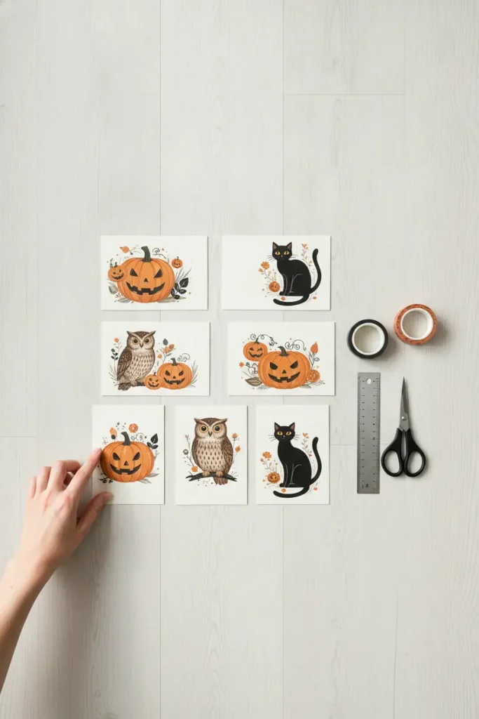 Flat lay of vintage Halloween postcard reproductions with washi tape and a ruler, ready for a renter-safe wall