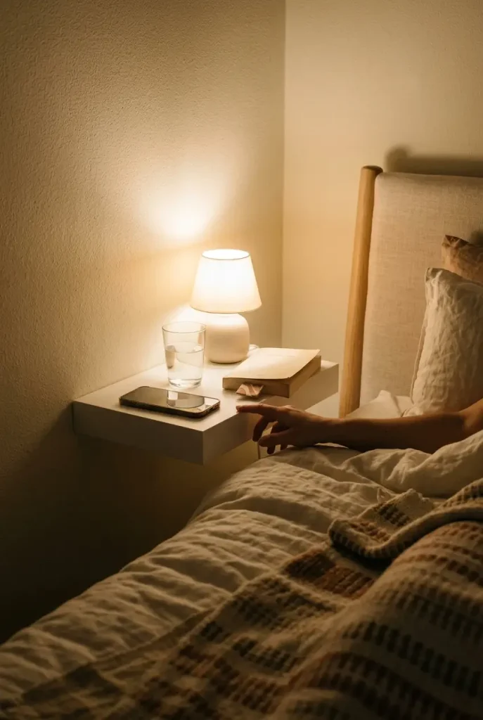 Floating shelf used as a nightstand beside a bed in a tiny bedroom for couples