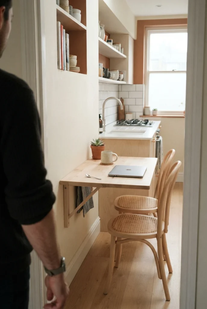Fold down wall table breakfast nook seating two in a narrow galley kitchen.