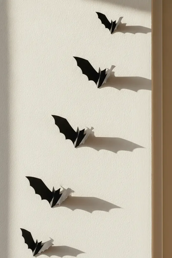 Folded black paper bats taped across an apartment wall as no drill halloween decor.