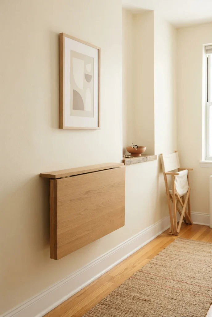 Folded wall mounted drop leaf table saving floor space in a small apartment
